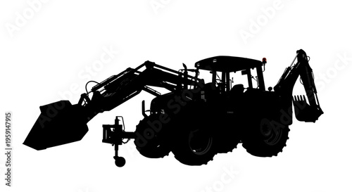 Black silhouette of a backhoe loader tractor with bucket and excavator arm on white background heavy machinery concept