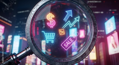 Magnified Neon Commerce Icons in Night City