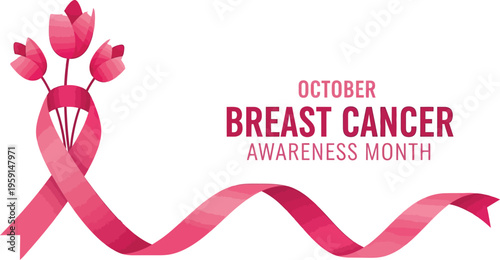 Pink ribbon and three elegant pink tulips symbolize Breast Cancer Awareness Month in October, advocating for health and early.
