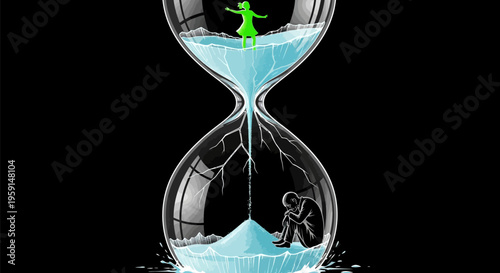 Hourglass with green figure and astronaut in sand symbolizing time and space