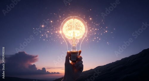 Hand holding illuminated light bulb shaped like human brain against starry sky