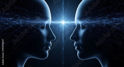 Two futuristic human heads facing each other with glowing energy connection