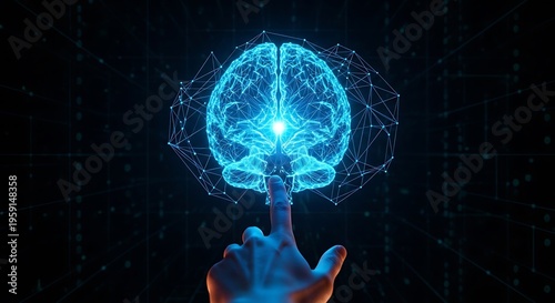 Human finger touching futuristic digital brain illustration with glowing network lines