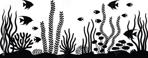 "Underwater silhouette illustration, coral reef plants, seaweed, tropical fish, marine ecosystem, aquatic biodiversity, ocean life, aquarium design, nature"