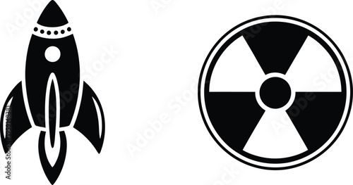 Rocket and nuclear hazard icon, black silhouette vector featuring a missile and radioactive symbol for safety warning, military and industrial design concepts.