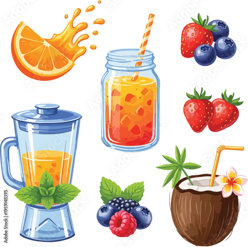Tropical Fruit Smoothie and Summer Drink Elements Set with Blender and Coconut