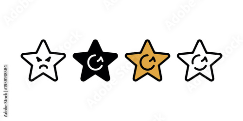 Four star rating symbols with different expressions review feedback in white background