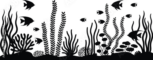 "Underwater silhouette illustration, coral reef plants, seaweed, tropical fish, marine biodiversity, aquarium scene, ocean ecosystem, aquatic life design"