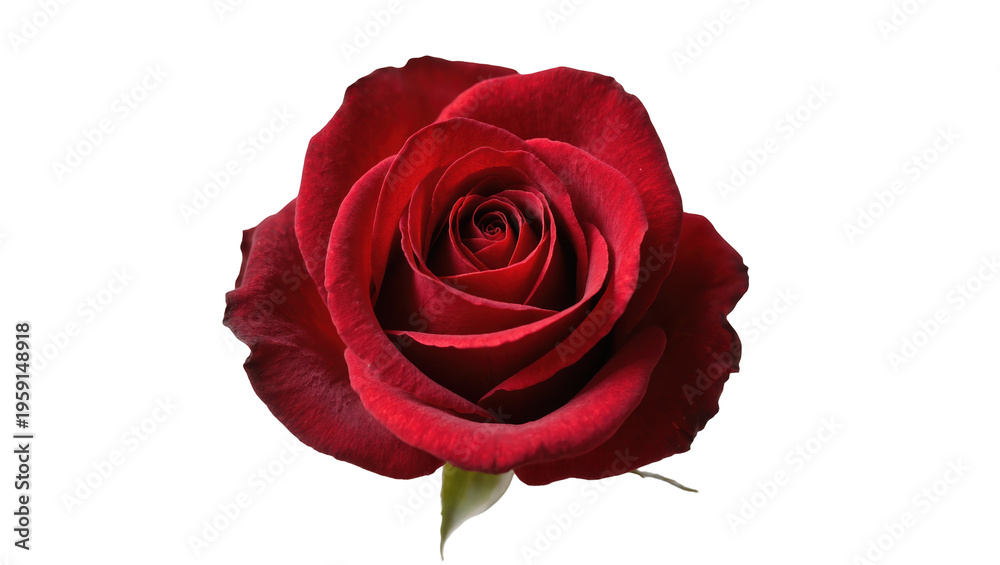 Naklejka premium Vibrant crimson rose blossom with tightly curled petals and lush green stem, isolated on transparent background for floral designs and Valentine s Day