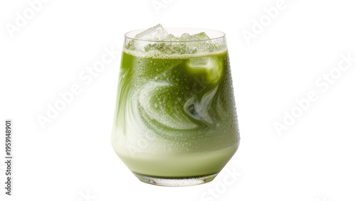 Obraz na płótnie Swirling green matcha latte with ice cubes in a clear glass, beautifully isolate