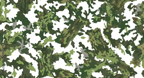 Abstract Camouflage Pattern with Tree Bark Texture and Green Foliage