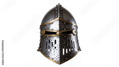 Tableau sur toile Medieval knight s helmet with riveted steel surface and golden trim, isolated on