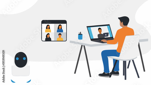 A man working remotely on his laptop with a robot assistant nearby