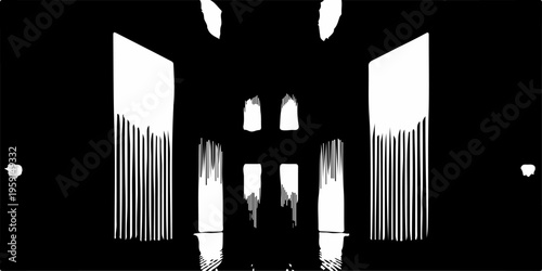 A black vector illustration of a man's silhouette in a city cafe window designed with urban barcode lines and business symbols