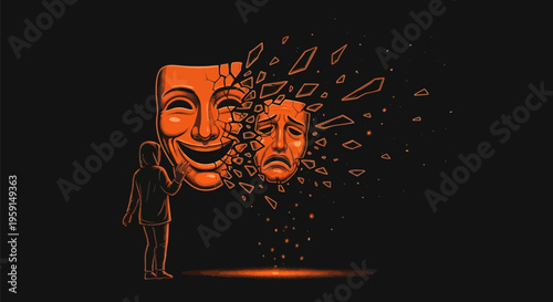 Person looking at breaking theater masks symbolizing inner turmoil and conflicting emotions in a dark background