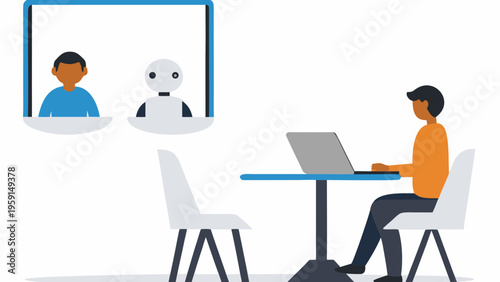 A man works on a laptop with a robot and another person on the screen