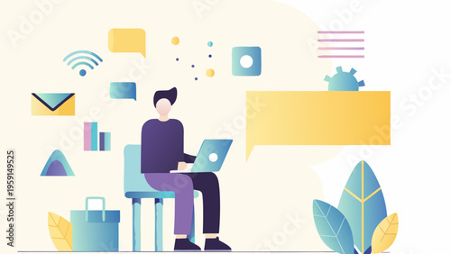 A man sitting with a laptop surrounded by various digital icons and symbols