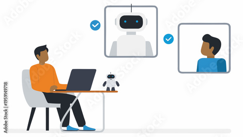 A man sitting at a desk with a laptop and robot companion