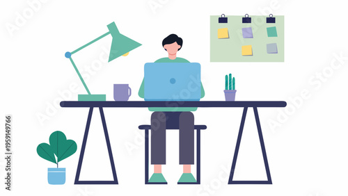 A man works on his laptop at a desk in a modern office