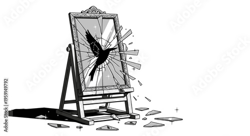 Shattered mirror with a bird flying out broken glass on the floor symbolizing freedom and chaos in a monochromatic