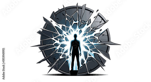 Man standing in front of shattered glass wall with bright light behind symbolizing freedom and empowerment