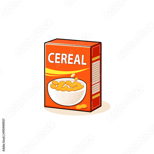 Cereal box with bowl of breakfast cereal, classic morning meal food product on white background