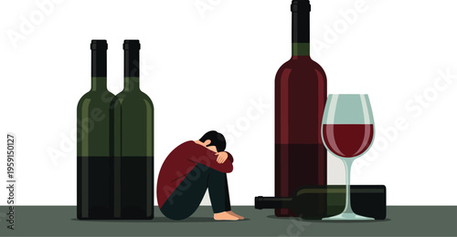 Person overwhelmed by large wine bottles illustrates the crushing weight of alcohol addiction and dependence issues.