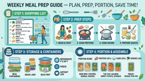 Weekly Meal Prep Guide Infographic with Steps for Shopping List Cooking Storage and Portion Planning for Healthy Lifestyle