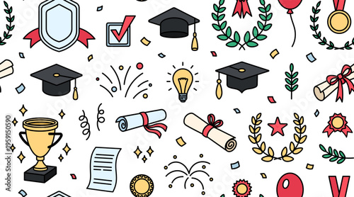 Graduation elements cap, folded graduate diploma, gold award cup, laurel wreath seamless pattern. University, college graduation concept. Texture for degree ceremony. Doodle style vector