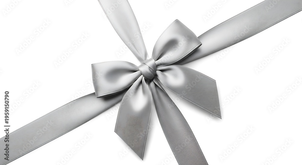 Fototapeta premium A elegant silver silk ribbon tied into a decorative bow isolated on a clean white background view