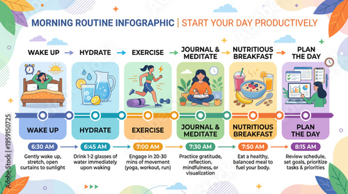 Morning Routine Infographic for Daily Productivity and Wellness Schedule Vector Illustration showing steps for healthy habits including exercise, meditation, breakfast and time management planning.