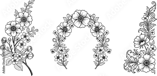 Black and White Floral Ornament Set with Decorative Botanical Branches and Arch Frame in Detailed Line Art Vintage Illustration Style