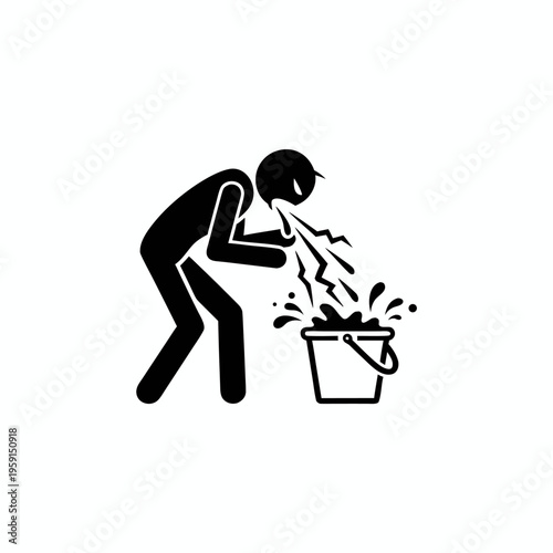 Silhouette of a person vomiting into a bucket representing food poisoning or severe illness