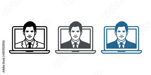 Three laptops with businessman on screen in black gray and blue computer call online meeting in white background