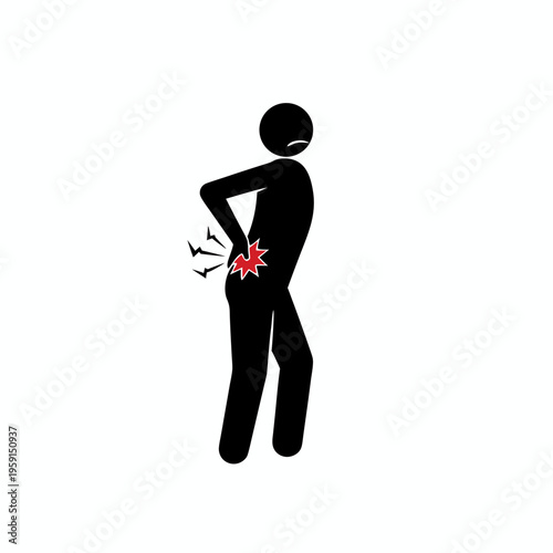 Black silhouette of a person clutching their lower back with a red spark indicating sharp spinal pain