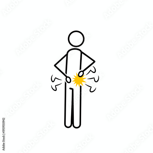 Outlined stickman clutching lower abdomen with yellow spark indicating sharp pain or pelvic distress