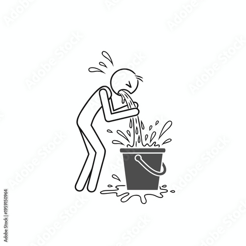 Outlined stick figure vomiting into a bucket representing severe nausea and stomach illness symptoms