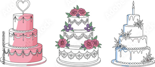 Photos Wedding Cake Collection Set with Floral Decorations, Tiered Designs, and Celebra