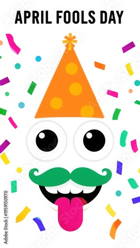 April Fools Day celebration with cartoon face and party hat and colorful confetti