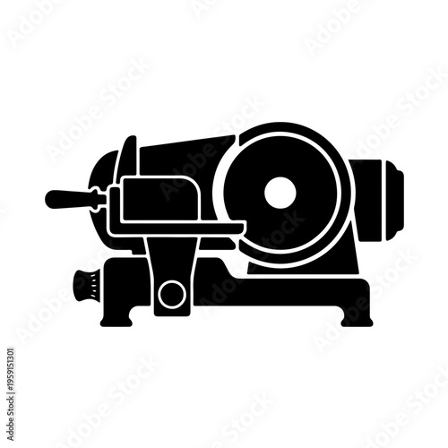 black and white silhouette of a commercial electric food slicer, featuring the iconic circular blade and sliding carriage for professional deli and butcher shop use