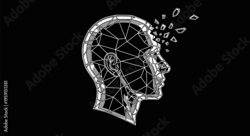 Wireframe human head with polygonal mesh and fragments breaking off symbolizing data loss or mental fragmentation