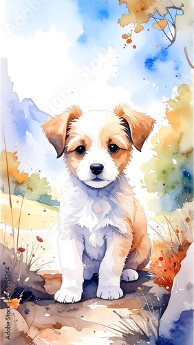 Watercolor puppy in nature