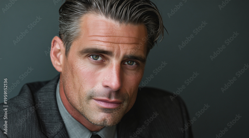 Fototapeta premium Sophisticated Mature Businessman in Dark Gray Suit with Confident Sharp Gaze