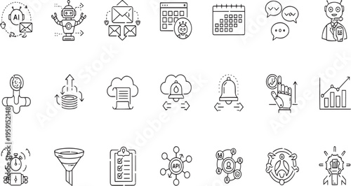 AI Automation and Business Workflow Thin Line Icon Set