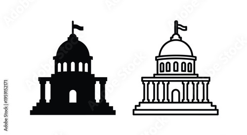 Two black and white illustrations of capitol buildings with distinct styles
