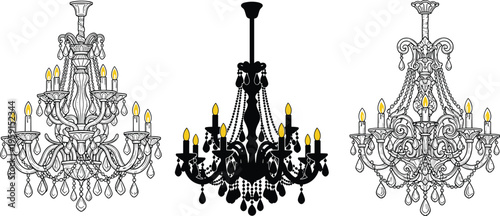 Vintage Chandelier Set with Elegant Crystal Lighting Fixtures in Detailed Ornate Style for Luxury Interior Decoration and Classic Design Elements