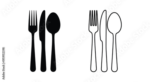 Black and white silhouettes of forks knives and spoons displayed in pairs