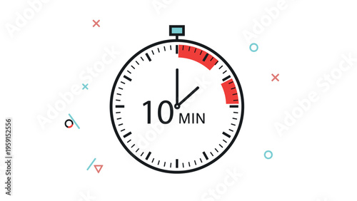 Analog stopwatch icon showing ten minutes on the dial with colorful abstract shapes for time management and deadline concepts.