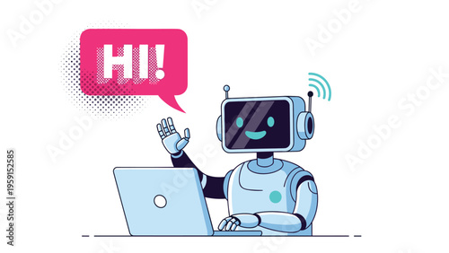 Friendly robot sitting at a laptop and waving with a hi speech bubble for artificial intelligence customer service concepts.