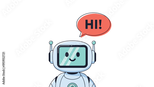 Friendly white robot character with a smiling digital screen face greeting with a red hi speech bubble isolated on a plain white background.
